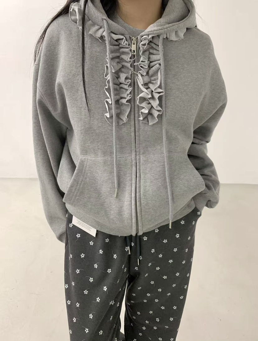 J CRANE-A㊣東大門代購女士新品時尚夾克連帽拉鏈衫荷葉邊J CRANE夾克