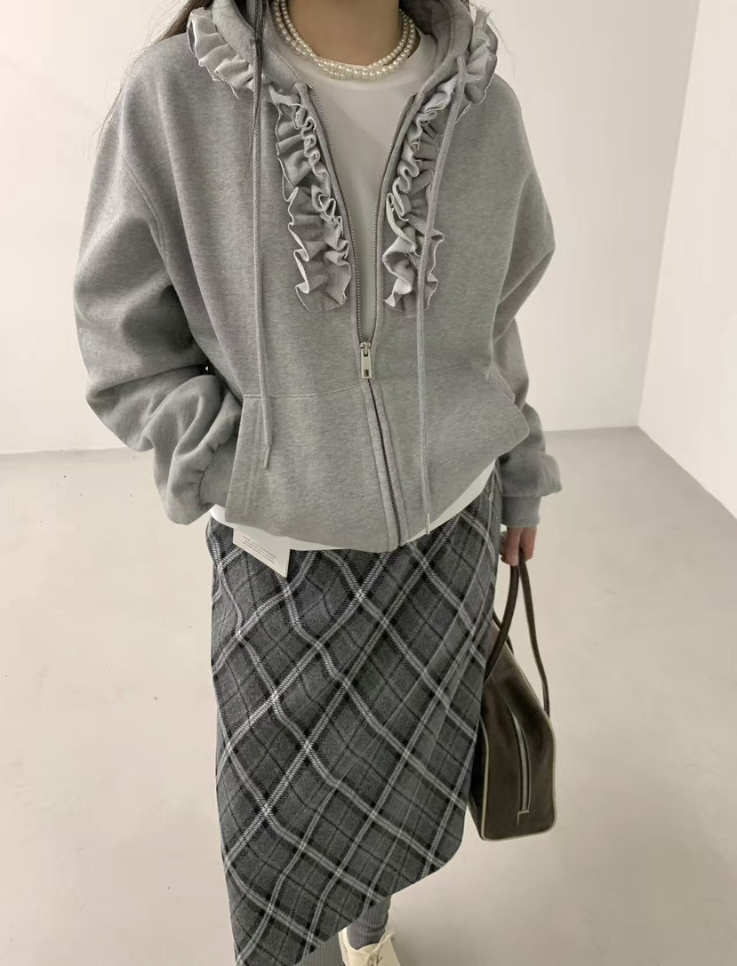 J CRANE-A㊣東大門代購女士新品時尚夾克連帽拉鏈衫荷葉邊J CRANE夾克