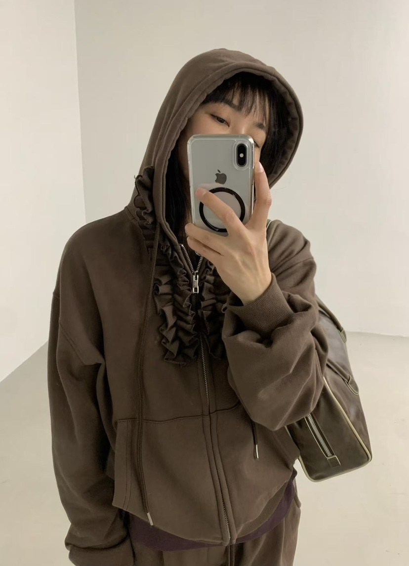 J CRANE-A㊣東大門代購女士新品時尚夾克連帽拉鏈衫荷葉邊J CRANE夾克