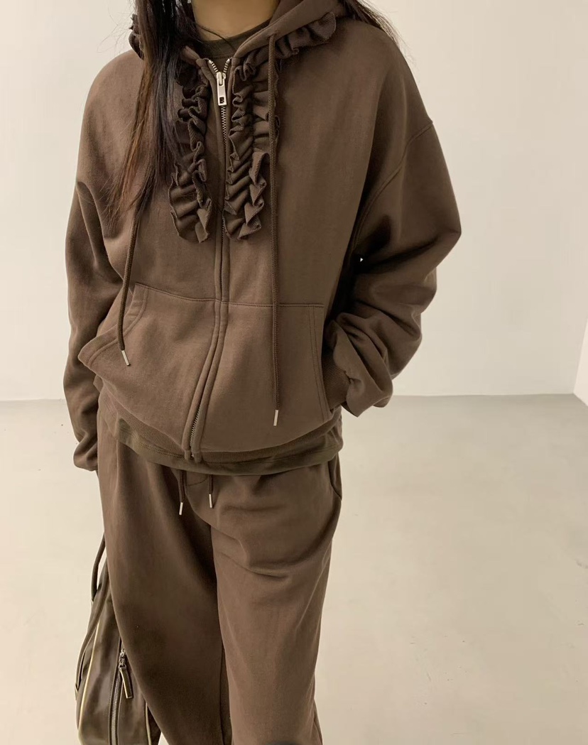 J CRANE-A㊣東大門代購女士新品時尚夾克連帽拉鏈衫荷葉邊J CRANE夾克