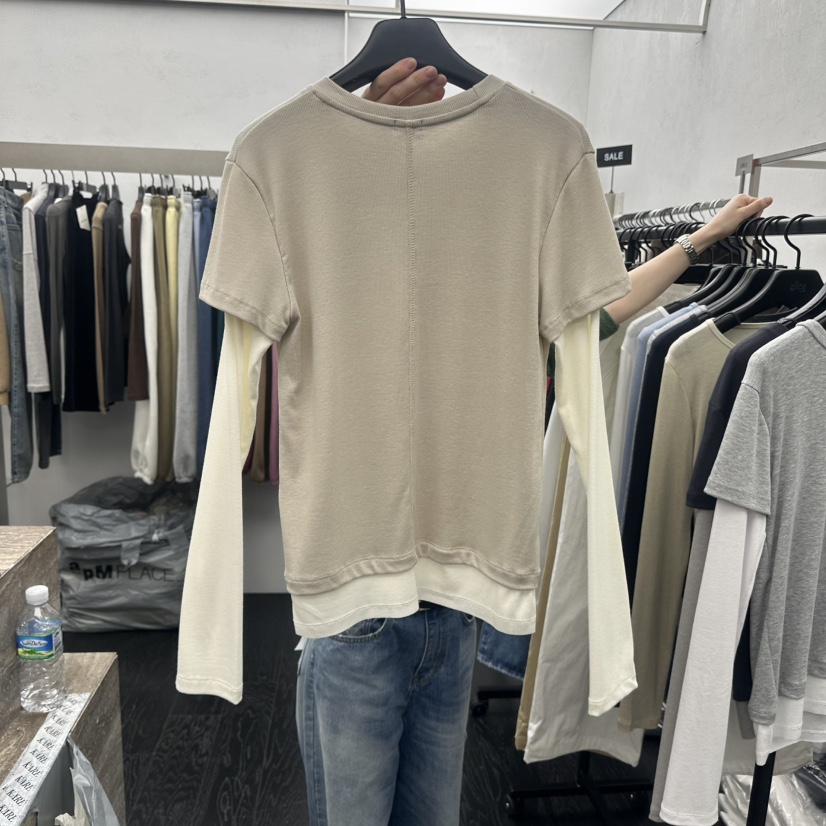 KARE/WEREPIECE韓國代購㊣女裝新款26春夏長袖T恤假兩件春款羅紋KARE/WEREPIECE長袖T恤