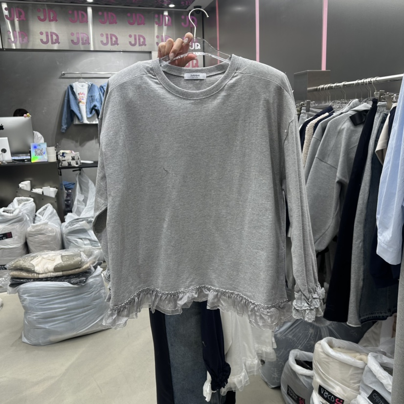 JUDYQUE㊣東大門實拍女裝新品時尚熱賣長袖T恤荷葉邊春款絎縫JUDYQUE長袖T恤圖色1