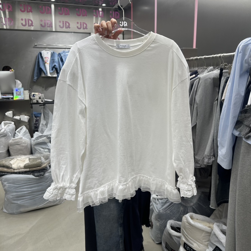 JUDYQUE㊣東大門實拍女裝新品時尚熱賣長袖T恤荷葉邊春款絎縫JUDYQUE長袖T恤圖色2