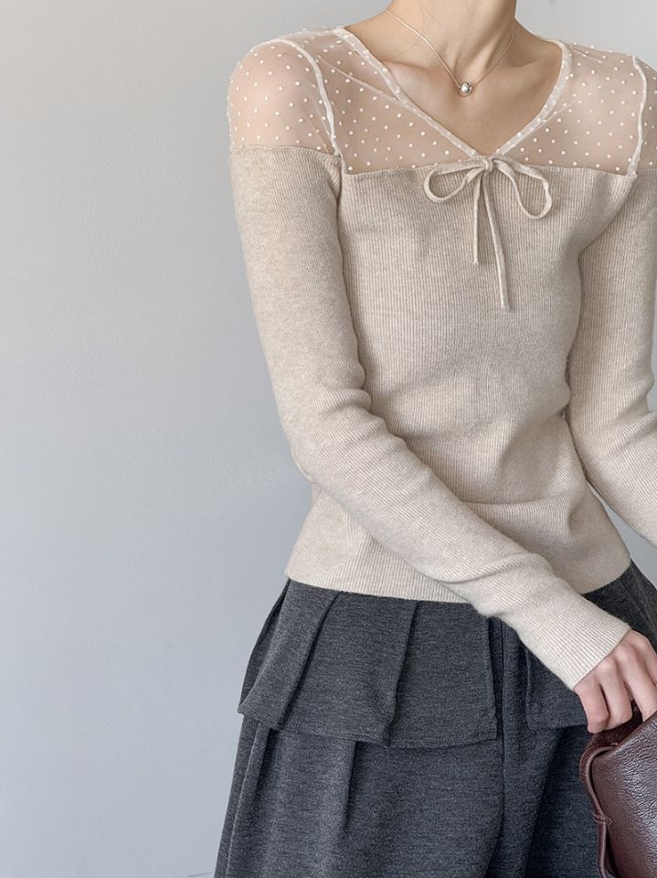 STAY HERE韓國代購㊣女士新品時尚職業推薦26春夏針織衫蕾絲STAY HERE針織衫圖色1