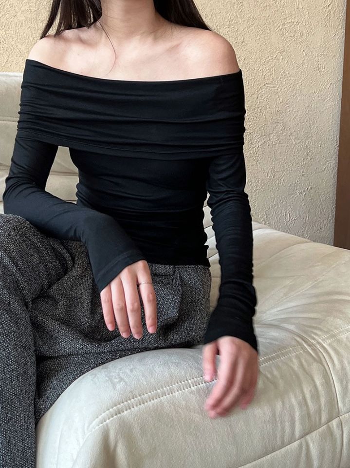 STAY HERE韓國代購㊣女裝新款26春夏真品熱賣職業長袖T恤露肩STAY HERE長袖T恤圖色3