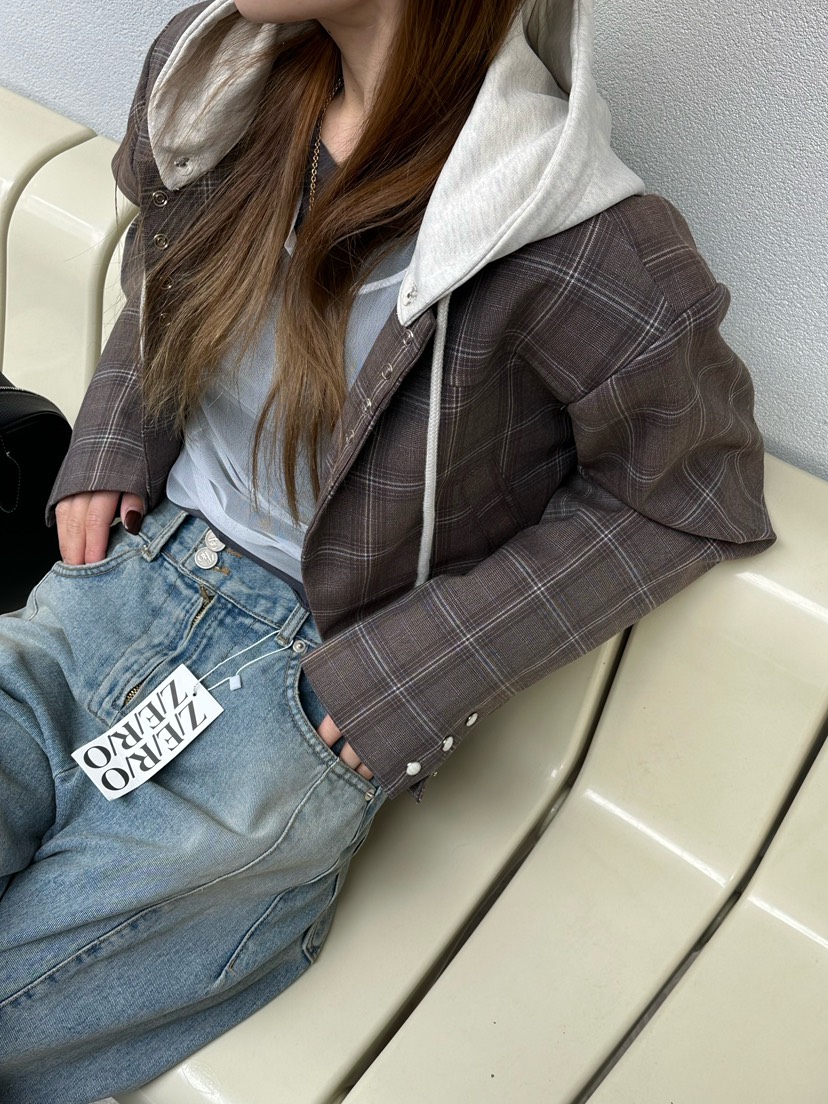 ZEROZERO韓國代購㊣女士新品熱賣人氣夾克帽子可拆卸格紋連帽ZEROZERO夾克