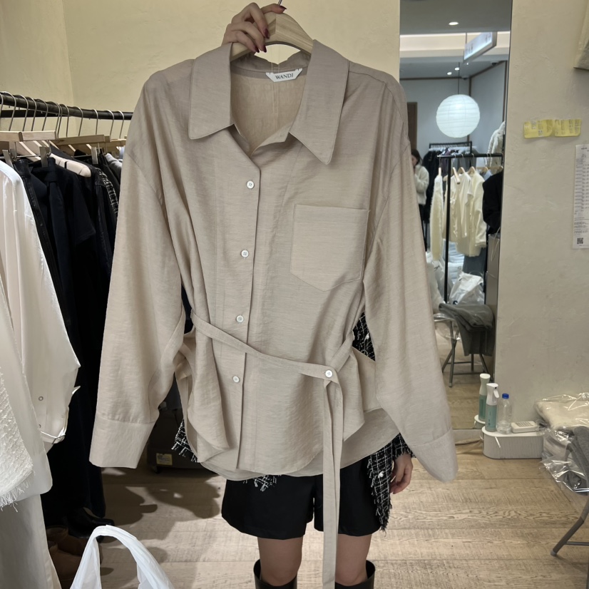 W AND J韓國直郵㊣女裝新品推薦時尚襯衫蕾絲衫含腰帶春款W AND J襯衫/蕾絲衫圖色1