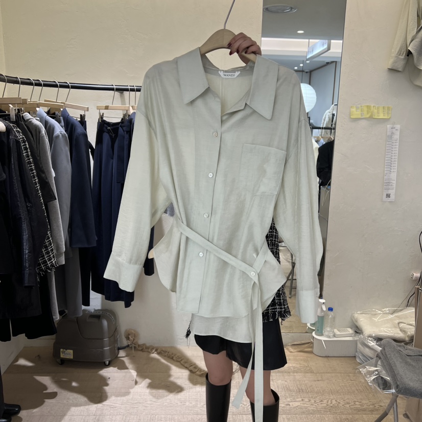 W AND J韓國直郵㊣女裝新品推薦時尚襯衫蕾絲衫含腰帶春款W AND J襯衫/蕾絲衫圖色2