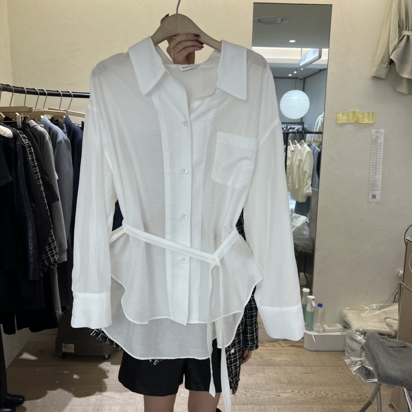 W AND J韓國直郵㊣女裝新品推薦時尚襯衫蕾絲衫含腰帶春款W AND J襯衫/蕾絲衫圖色3