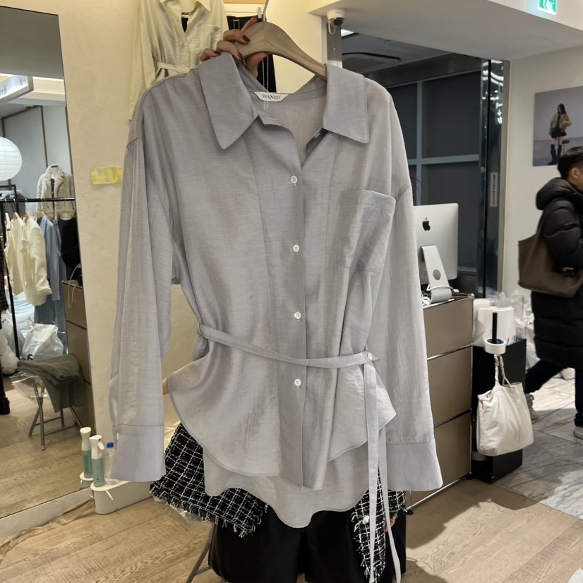 W AND J韓國直郵㊣女裝新品推薦時尚襯衫蕾絲衫含腰帶春款W AND J襯衫/蕾絲衫圖色4