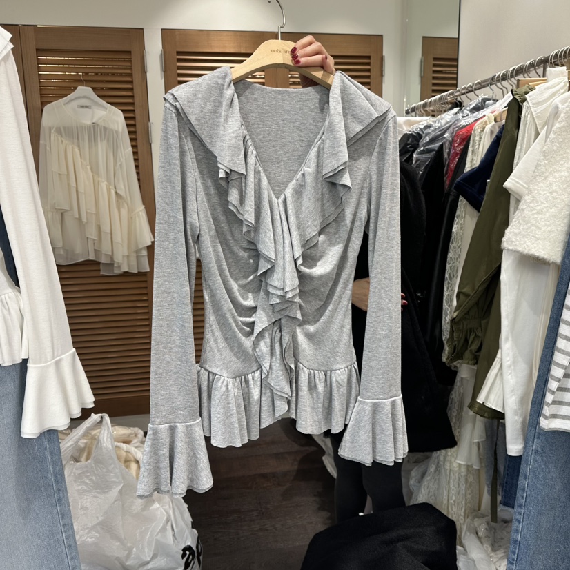 TRES BIEN韓國代購㊣女裝新品真品襯衫蕾絲衫荷葉邊春款柔軟開衫TRES BIEN襯衫/蕾絲衫圖色2