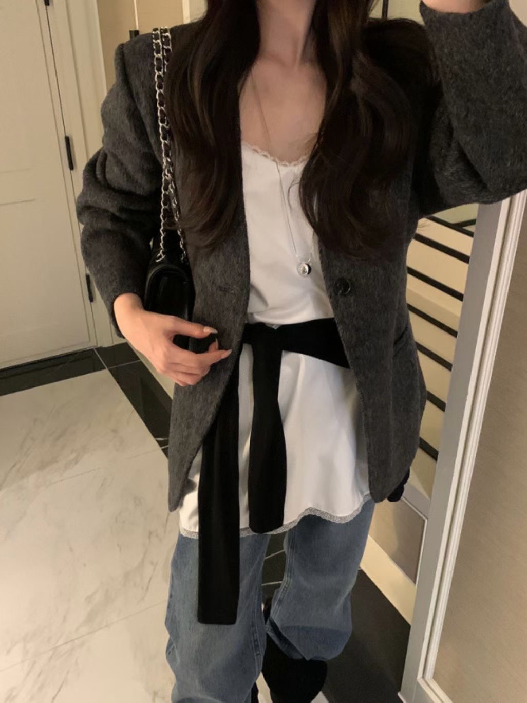 MARE MOHE東大門代購女裝新品熱賣人氣休閑短款大衣含腰繩MARE MOHE短款大衣