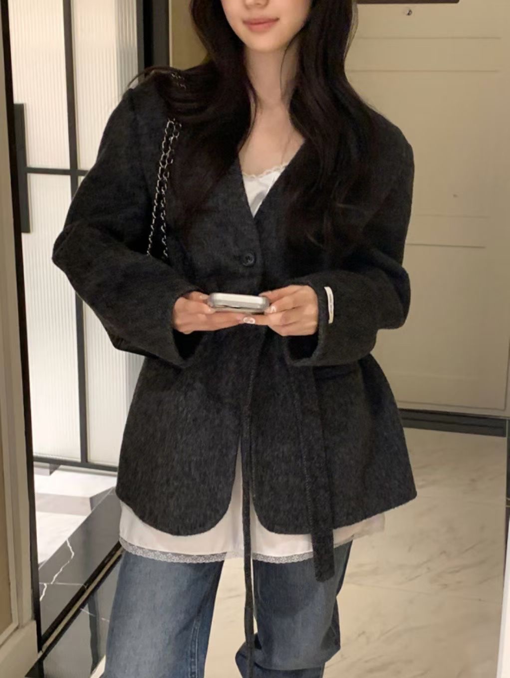 MARE MOHE東大門代購女裝新品熱賣人氣休閑短款大衣含腰繩MARE MOHE短款大衣圖色1