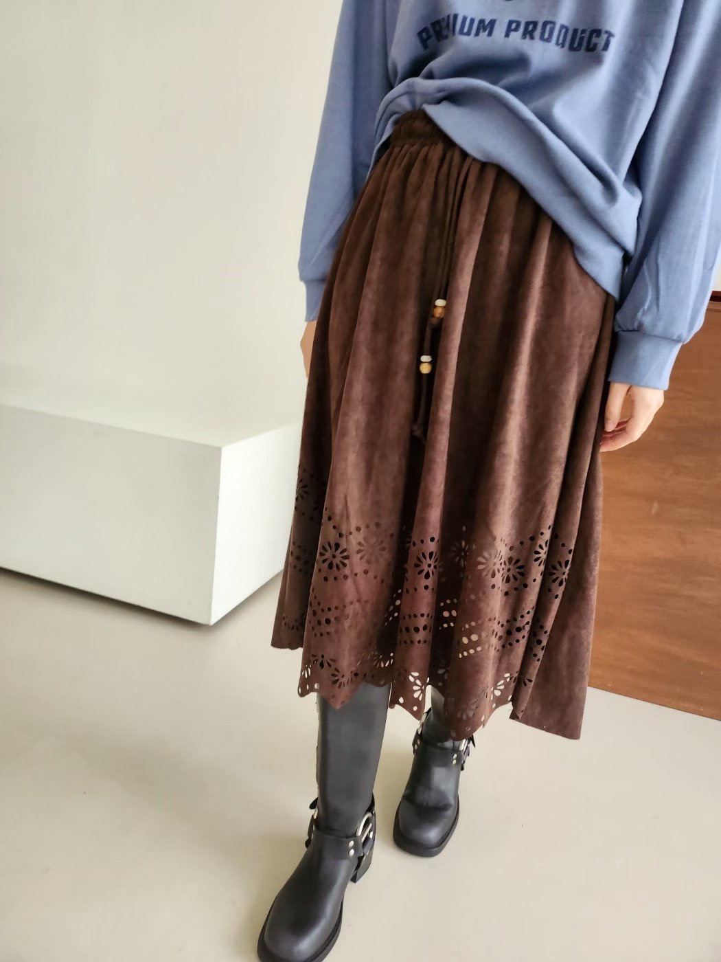 LAYERING韓國直郵㊣女裝新品職業人氣26春夏熱賣休閑長裙麂皮LAYERING長裙圖色2