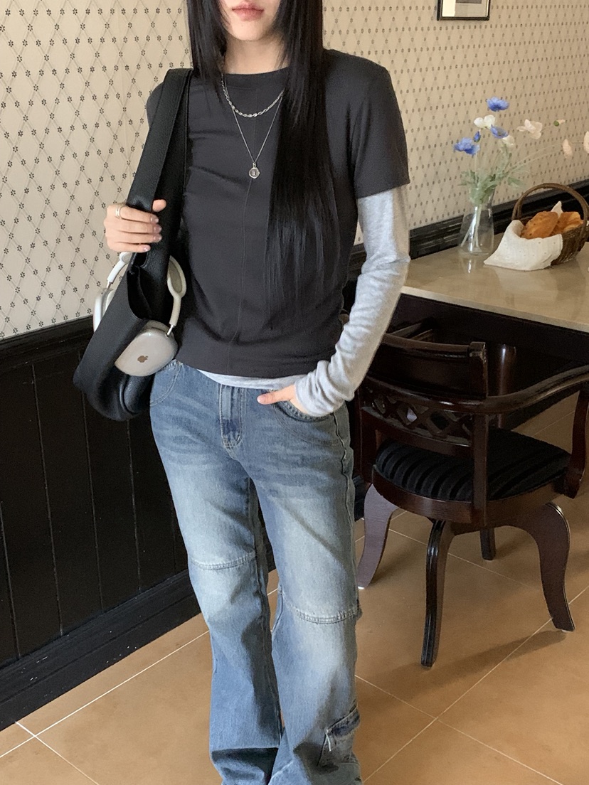 SUNDER MARKET韓國代購㊣女裝新款人氣熱賣職業長袖T恤假兩件SUNDER MARKET長袖T恤