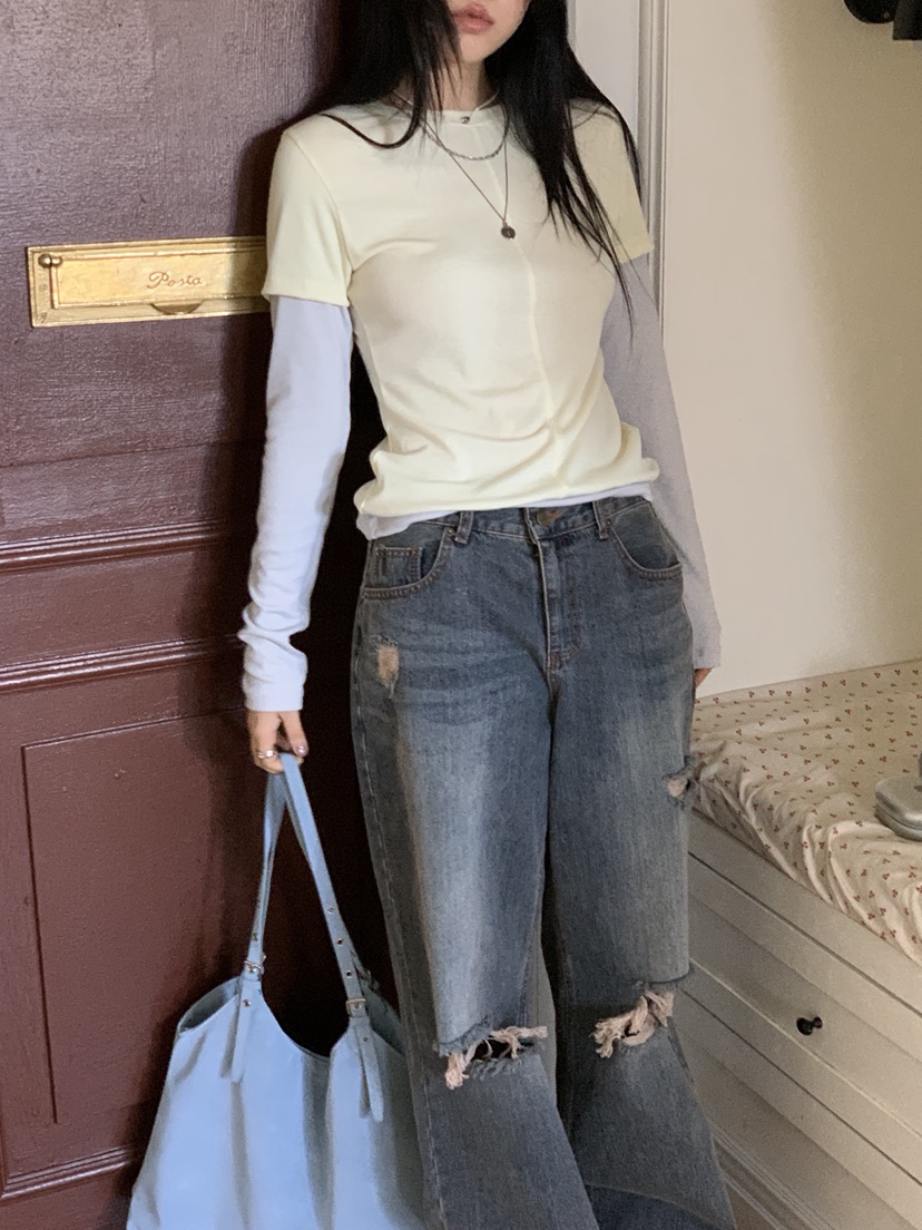 SUNDER MARKET韓國代購㊣女裝新款人氣熱賣職業長袖T恤假兩件SUNDER MARKET長袖T恤