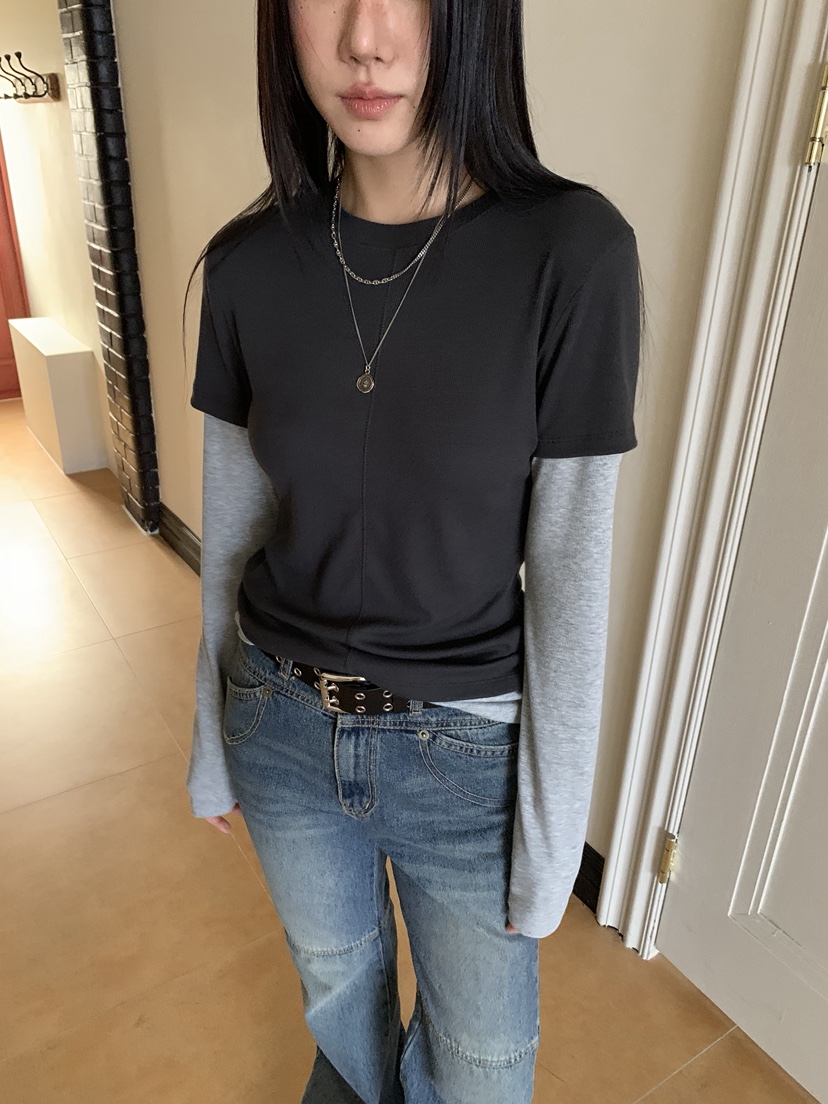 SUNDER MARKET韓國代購㊣女裝新款人氣熱賣職業長袖T恤假兩件SUNDER MARKET長袖T恤圖色1