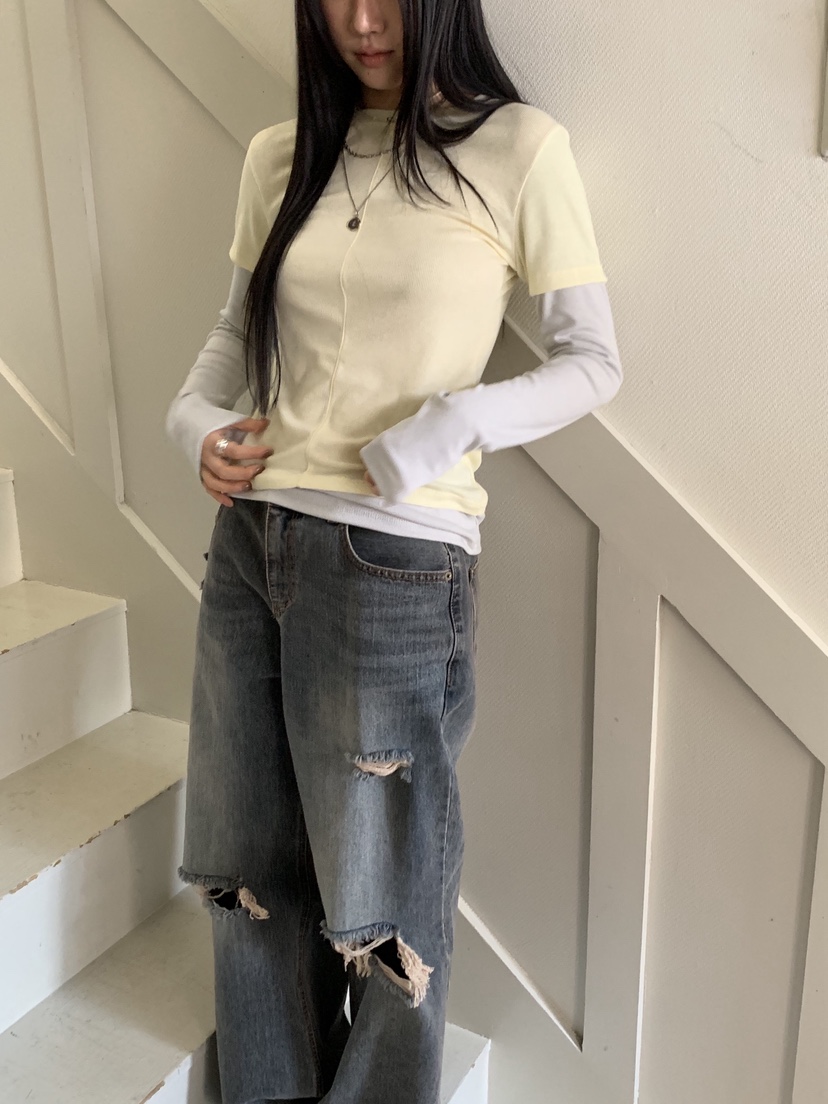 SUNDER MARKET韓國代購㊣女裝新款人氣熱賣職業長袖T恤假兩件SUNDER MARKET長袖T恤圖色2