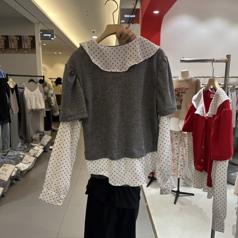 MINI UNNI韓國代購女士新品推薦熱賣襯衫蕾絲衫假兩件春款MINI UNNI襯衫/蕾絲衫