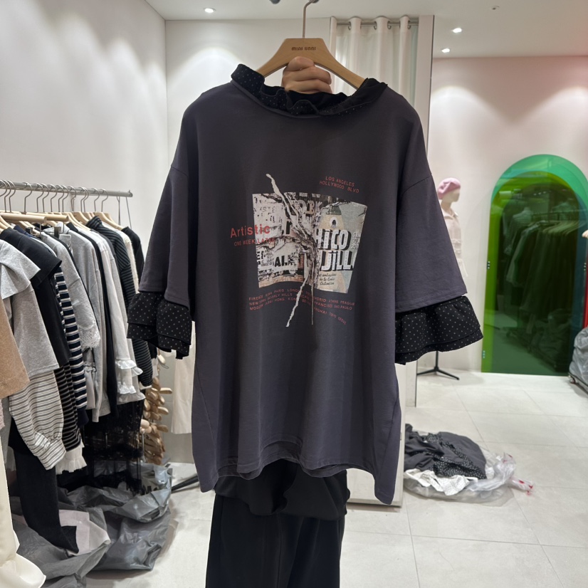 MINI UNNI東大門實拍女裝新品休閑時尚推薦T恤假兩件春款MINI UNNIT恤圖色2