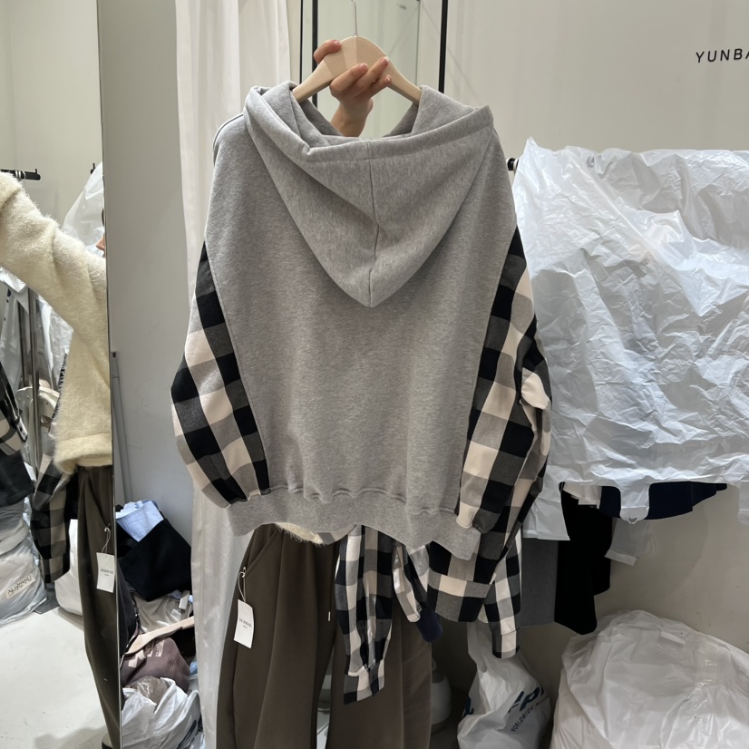 YUNBAL東大門實拍女裝新款熱賣25秋冬夾克連帽拉鏈衫格紋YUNBAL夾克