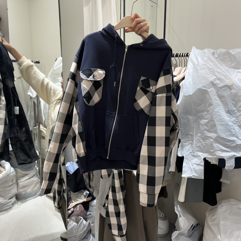 YUNBAL東大門實拍女裝新款熱賣25秋冬夾克連帽拉鏈衫格紋YUNBAL夾克圖色2