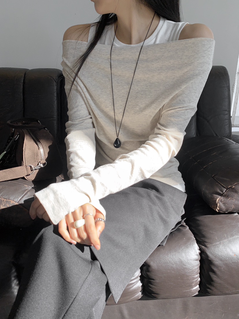 RE:OPENING㊣東大門代購女士新品休閑職業推薦人氣長袖T恤露肩RE:OPENING長袖T恤