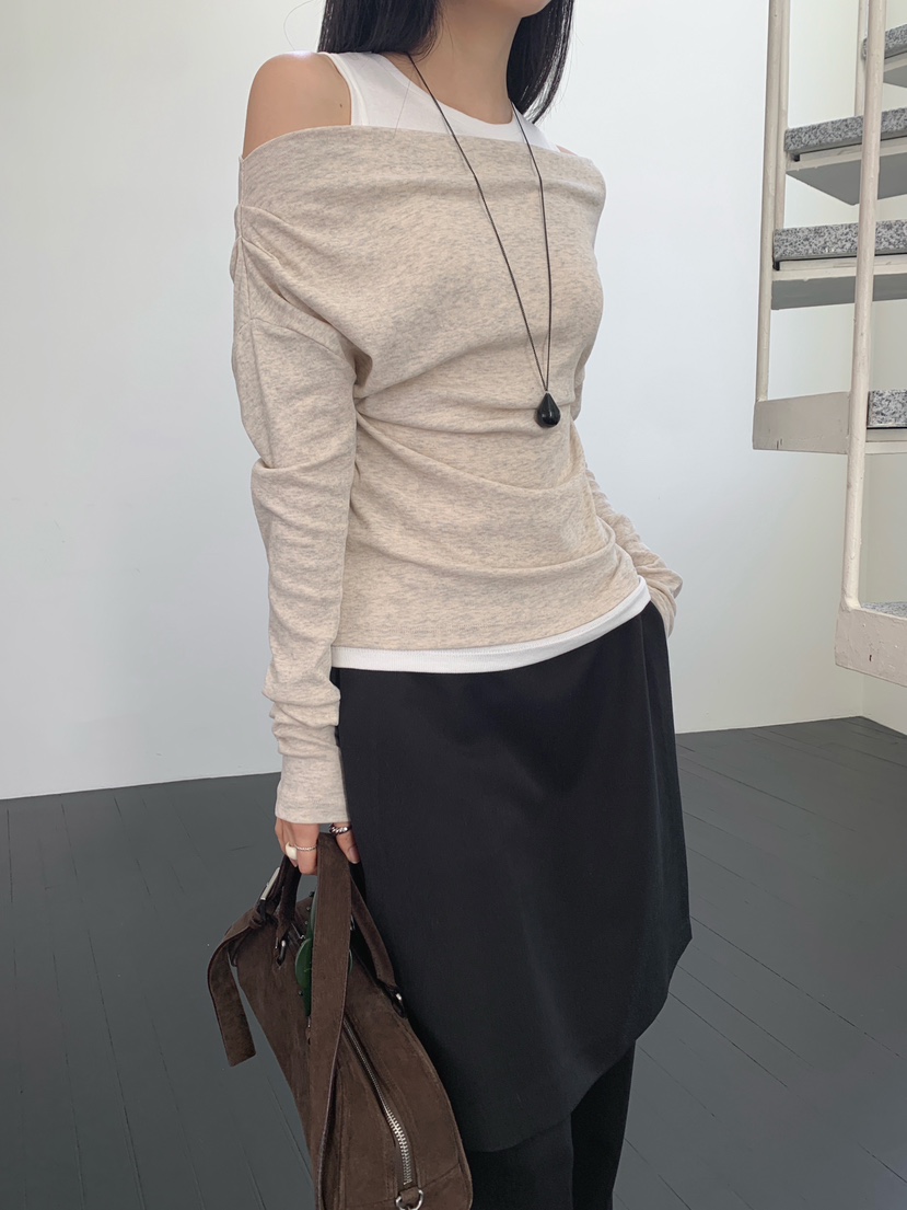 RE:OPENING㊣東大門代購女士新品休閑職業推薦人氣長袖T恤露肩RE:OPENING長袖T恤