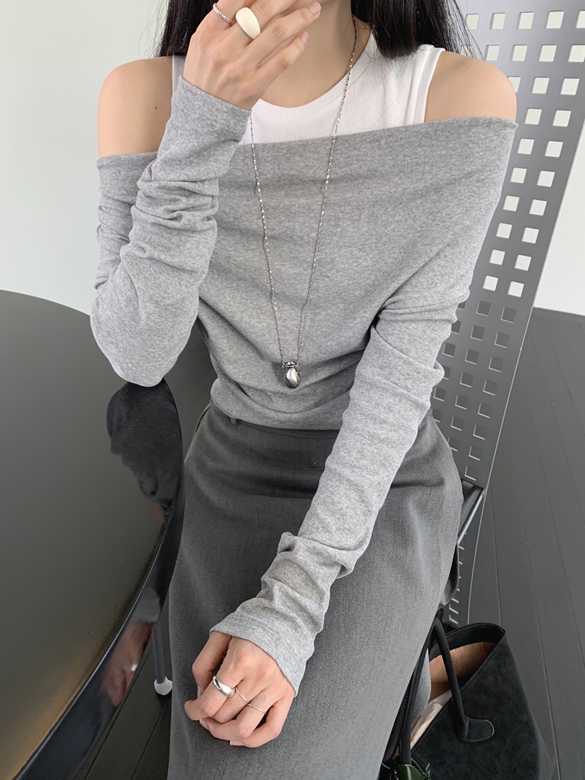 RE:OPENING㊣東大門代購女士新品休閑職業推薦人氣長袖T恤露肩RE:OPENING長袖T恤