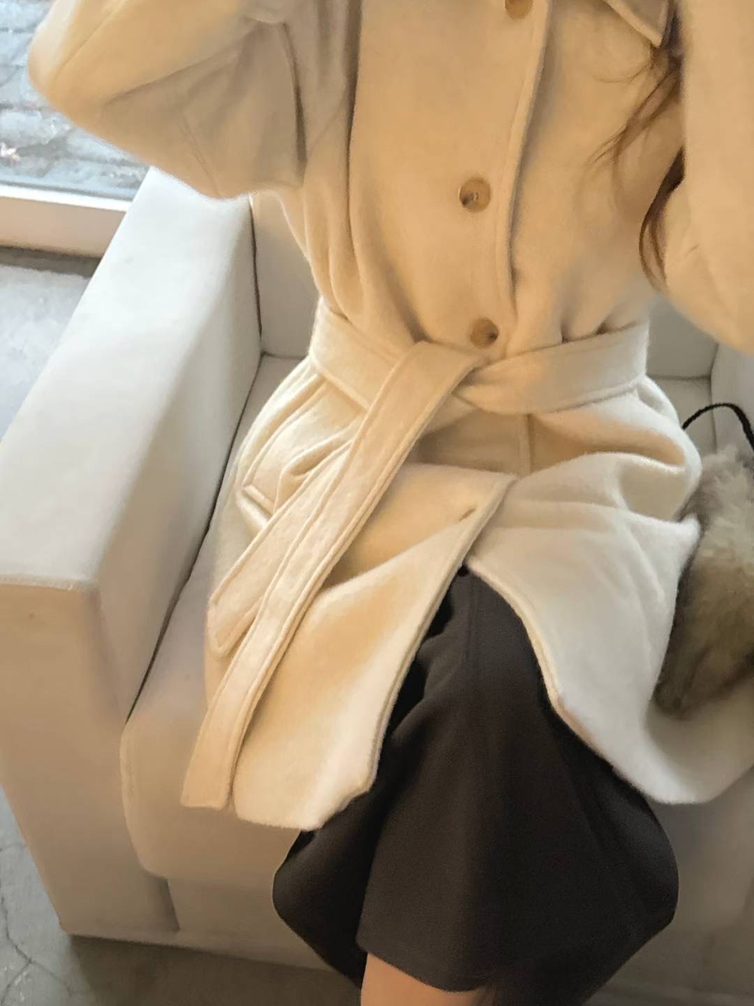 POMELO㊣東大門代購女士新款推薦人氣真品中長款大衣含腰帶POMELO中長款大衣