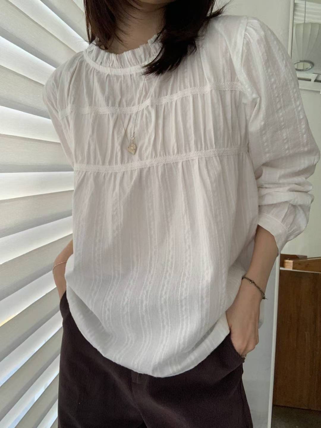 POMELO㊣東大門實拍女士新品熱賣人氣26春夏襯衫蕾絲衫荷葉邊POMELO襯衫/蕾絲衫