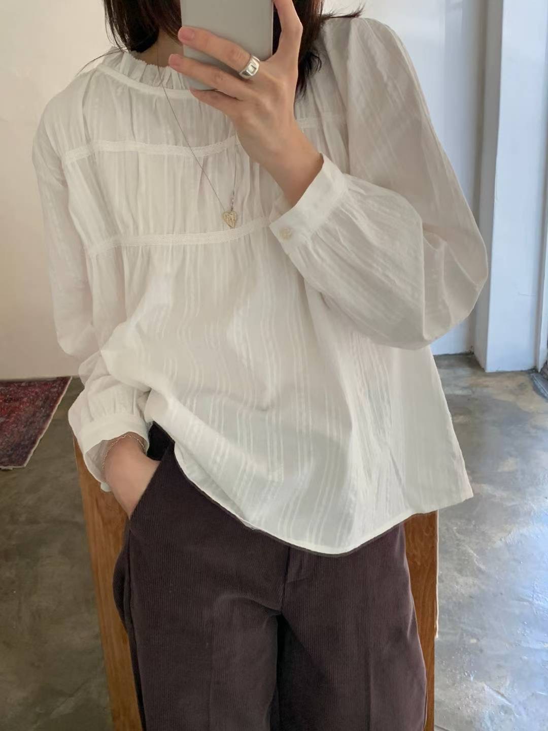 POMELO㊣東大門實拍女士新品熱賣人氣26春夏襯衫蕾絲衫荷葉邊POMELO襯衫/蕾絲衫