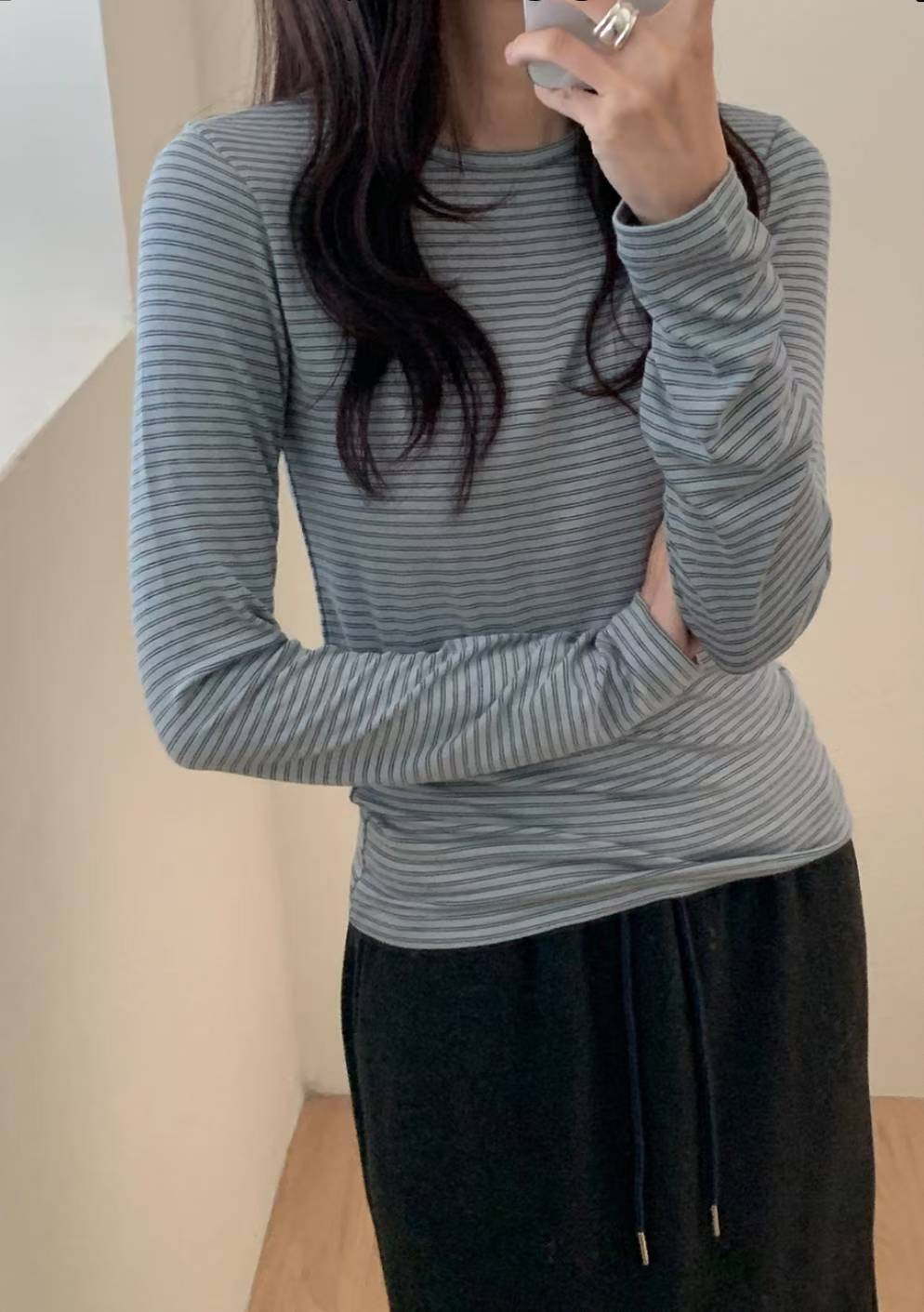 POMELO韓國代購㊣女士新品真品人氣職業推薦26春夏長袖T恤條紋POMELO長袖T恤