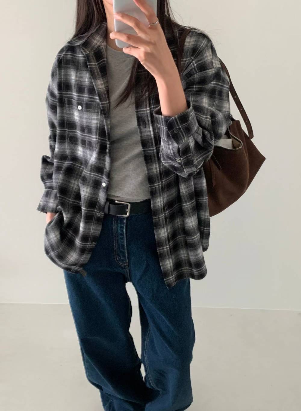 POMELO韓國直郵㊣女裝新品真品職業熱賣休閑襯衫蕾絲衫格子POMELO襯衫/蕾絲衫圖色1