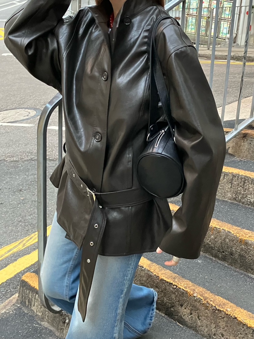 MADE-P韓國代購㊣女士新款休閑26春夏時尚真品人氣皮衣含腰帶MADE-P皮衣