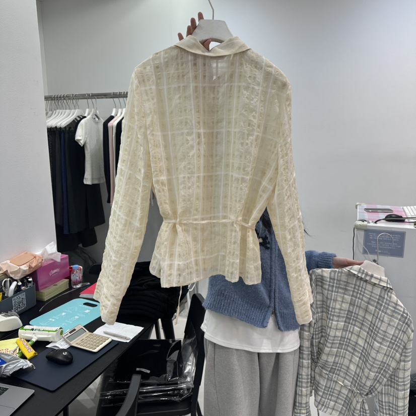 VISUAL SPACE韓國代購㊣女士新款推薦襯衫蕾絲衫春款格子圓領VISUAL SPACE襯衫/蕾絲衫