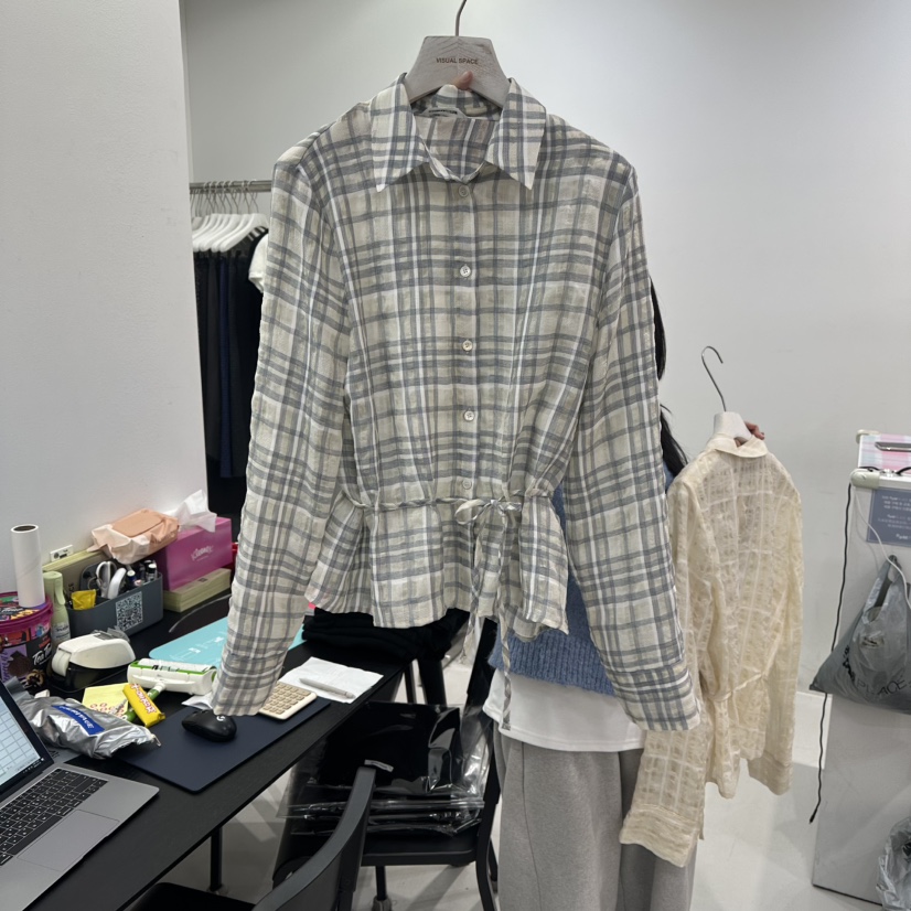 VISUAL SPACE韓國代購㊣女士新款推薦襯衫蕾絲衫春款格子圓領VISUAL SPACE襯衫/蕾絲衫圖色1