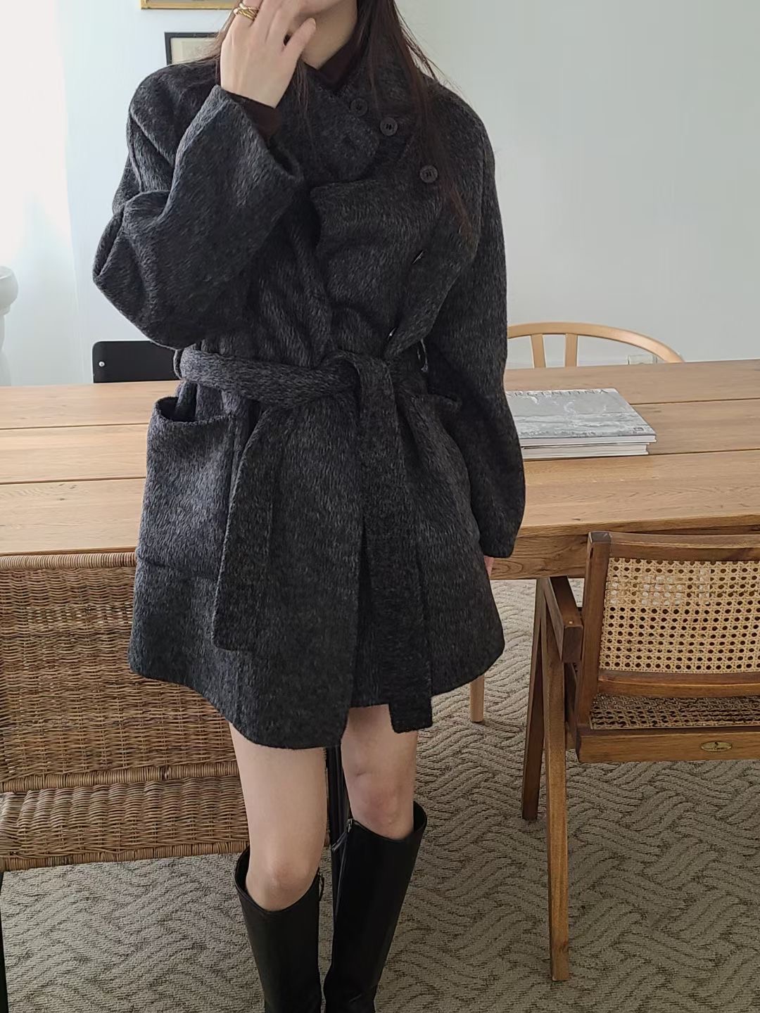 BRING東大門直郵女裝新品時尚推薦休閑人氣中長款大衣含腰帶BRING中長款大衣