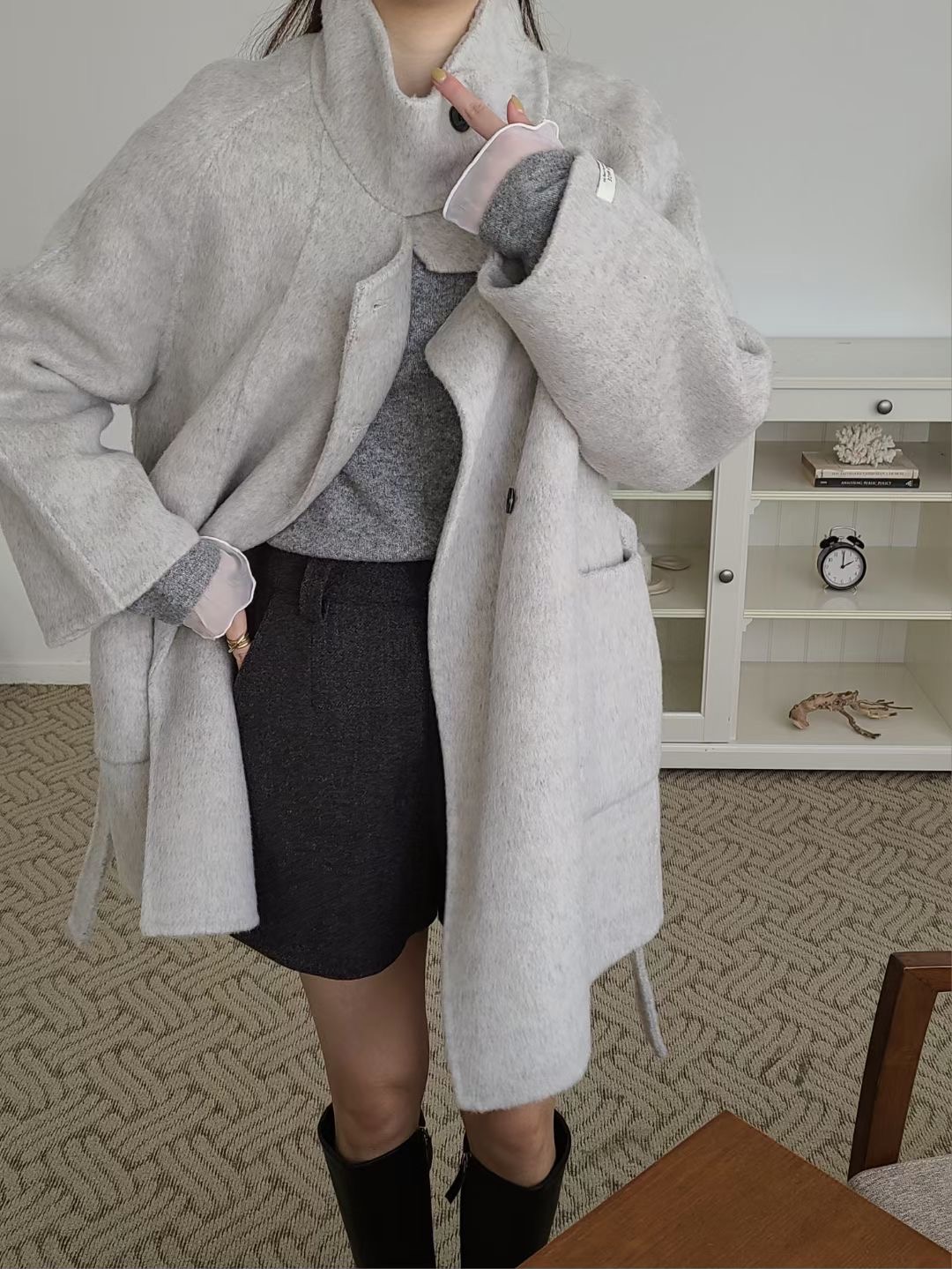 BRING東大門直郵女裝新品時尚推薦休閑人氣中長款大衣含腰帶BRING中長款大衣