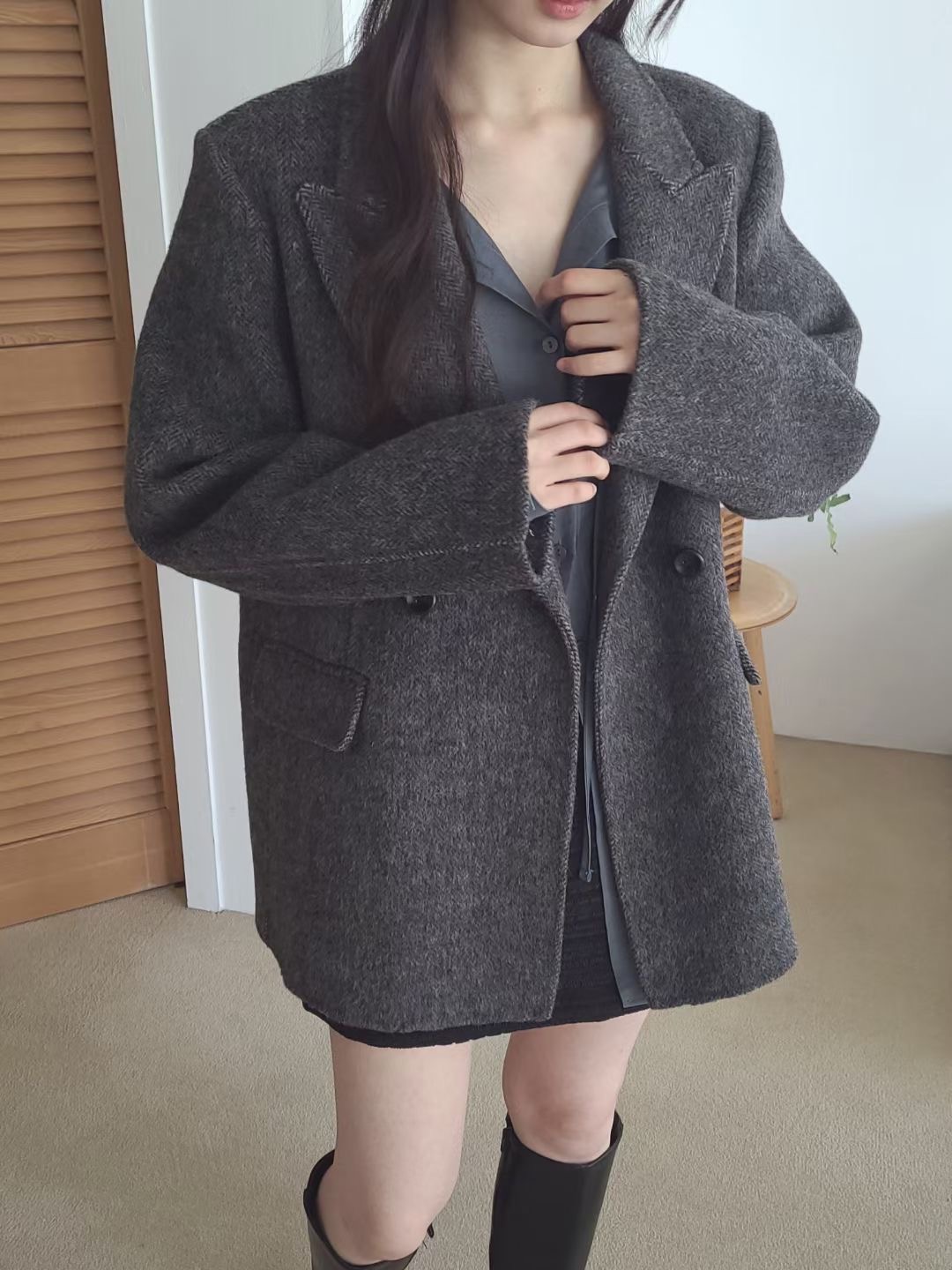 BRING韓國代購女士新品休閑職業推薦25秋冬時尚中長款大衣BRING中長款大衣圖色2