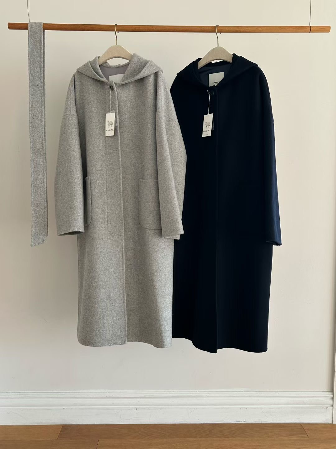 RARASHOW韓國直郵女士新款推薦中長款大衣含腰帶手工連帽RARASHOW中長款大衣