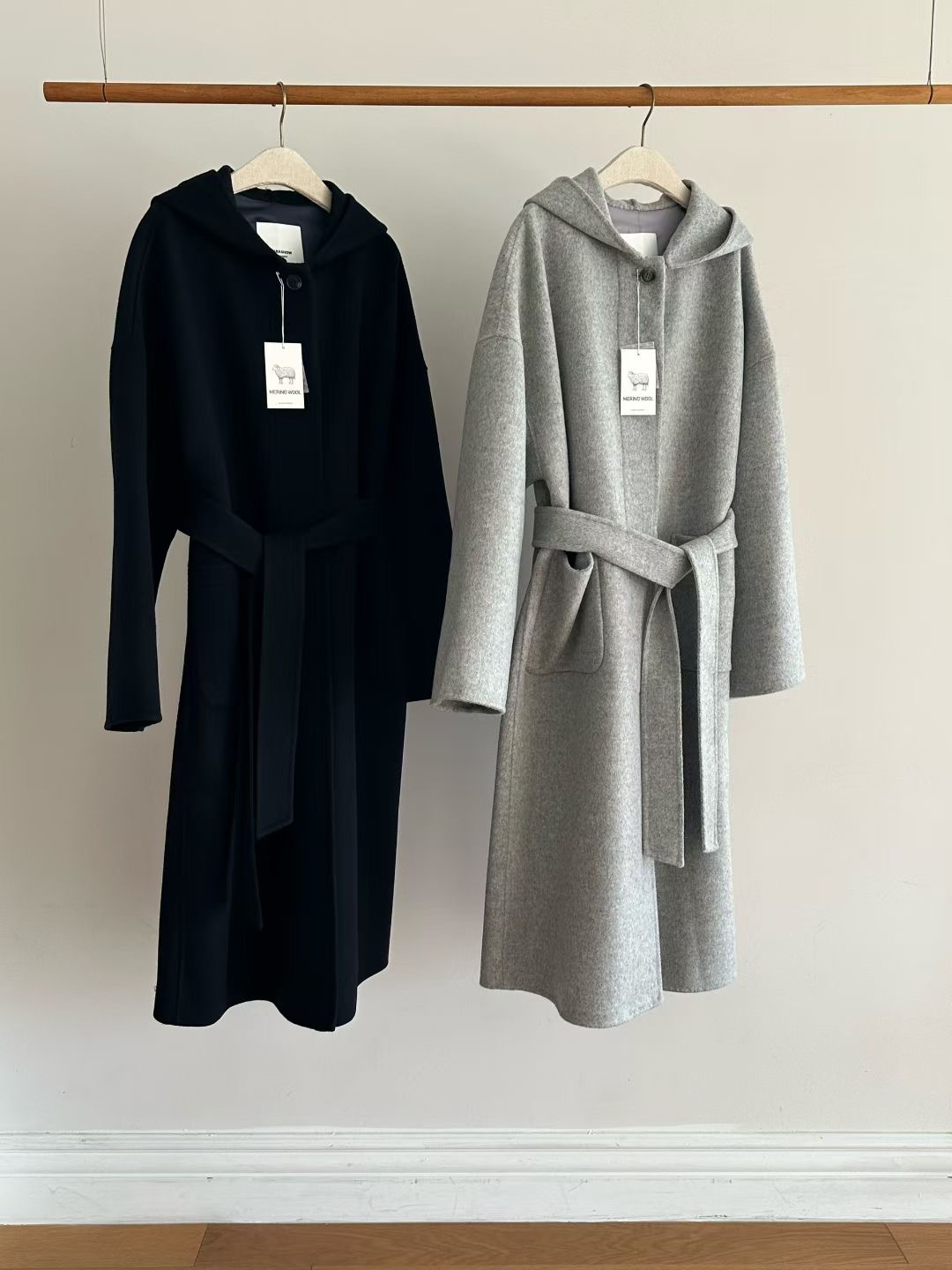 RARASHOW韓國直郵女士新款推薦中長款大衣含腰帶手工連帽RARASHOW中長款大衣