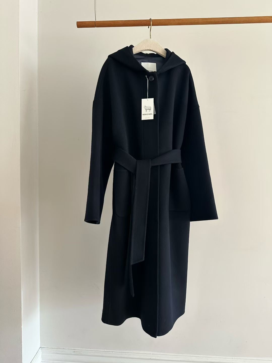 RARASHOW韓國直郵女士新款推薦中長款大衣含腰帶手工連帽RARASHOW中長款大衣圖色1