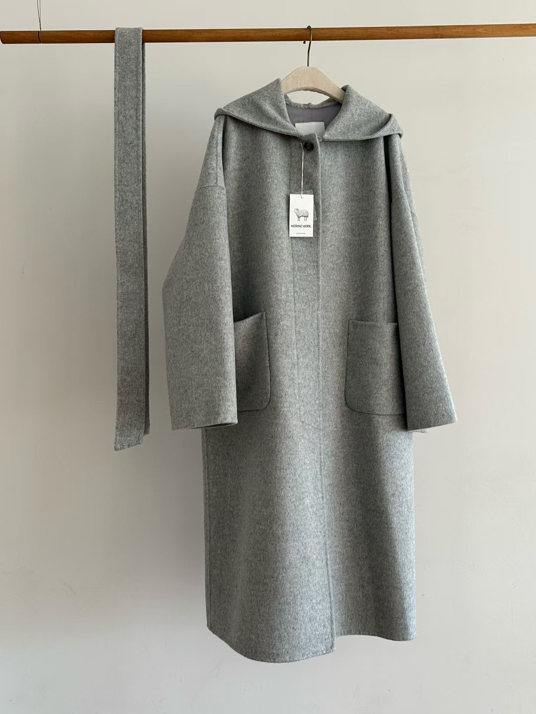 RARASHOW韓國直郵女士新款推薦中長款大衣含腰帶手工連帽RARASHOW中長款大衣圖色2