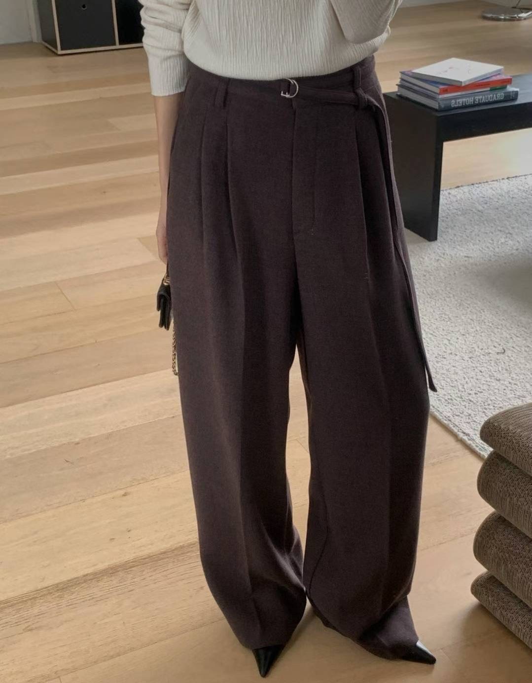 LIBRE東大門直郵女裝新品職業推薦25秋冬休閑褲含腰帶羊毛HAY KNOCK休閑褲