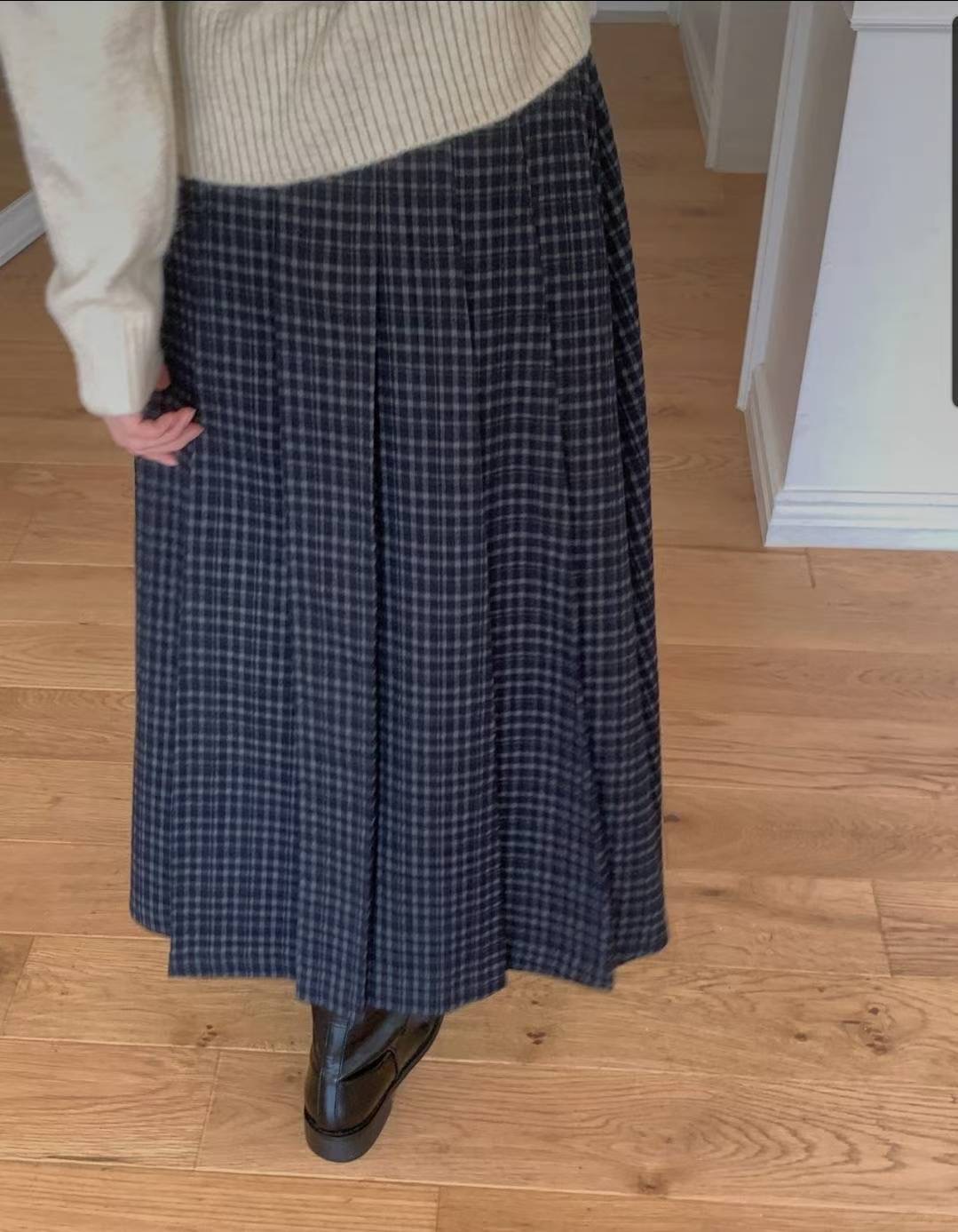 LIBRE韓國代購女士新款休閑人氣25秋冬職業時尚長裙格子褶裥HAY KNOCK長裙