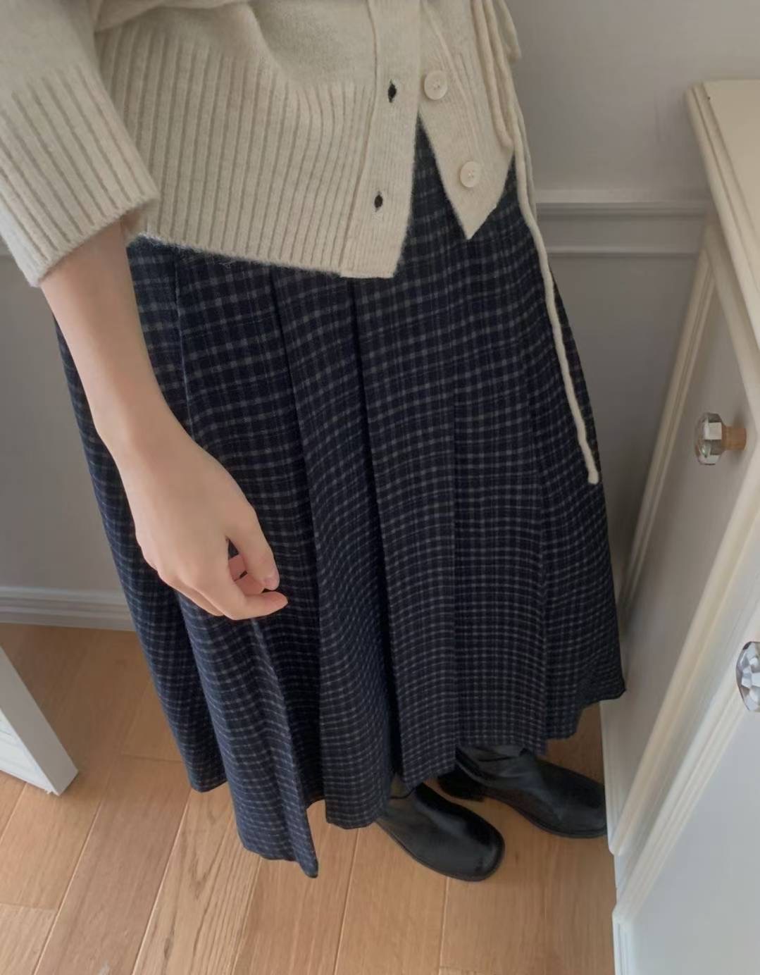 LIBRE韓國代購女士新款休閑人氣25秋冬職業時尚長裙格子褶裥HAY KNOCK長裙