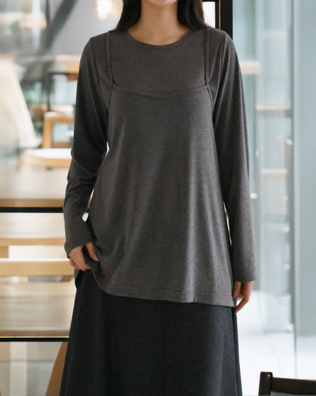 WHITE BEAR韓國代購㊣女士新品26春夏推薦時尚長袖T恤假兩件WHITE BEAR長袖T恤