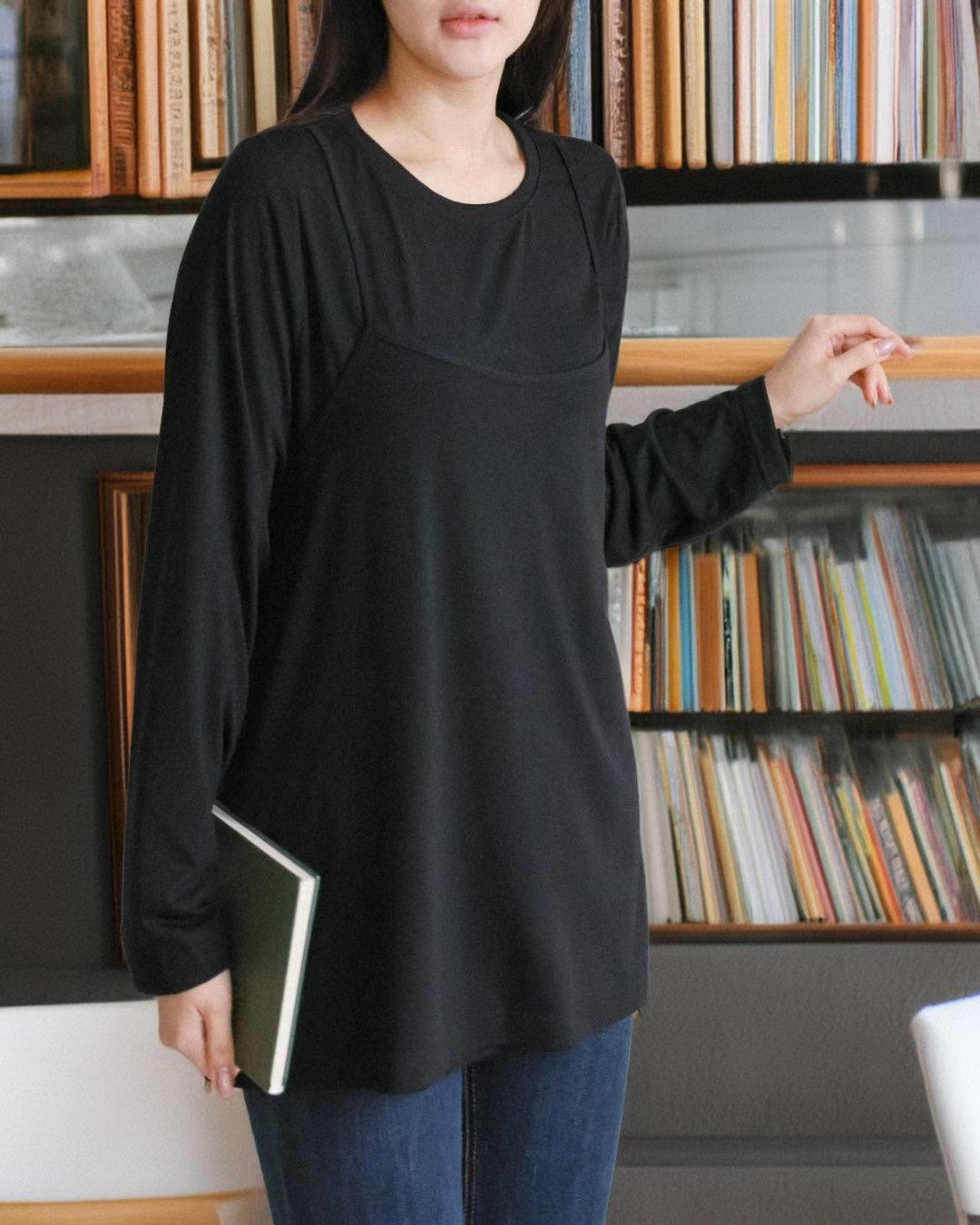 WHITE BEAR韓國代購㊣女士新品26春夏推薦時尚長袖T恤假兩件WHITE BEAR長袖T恤