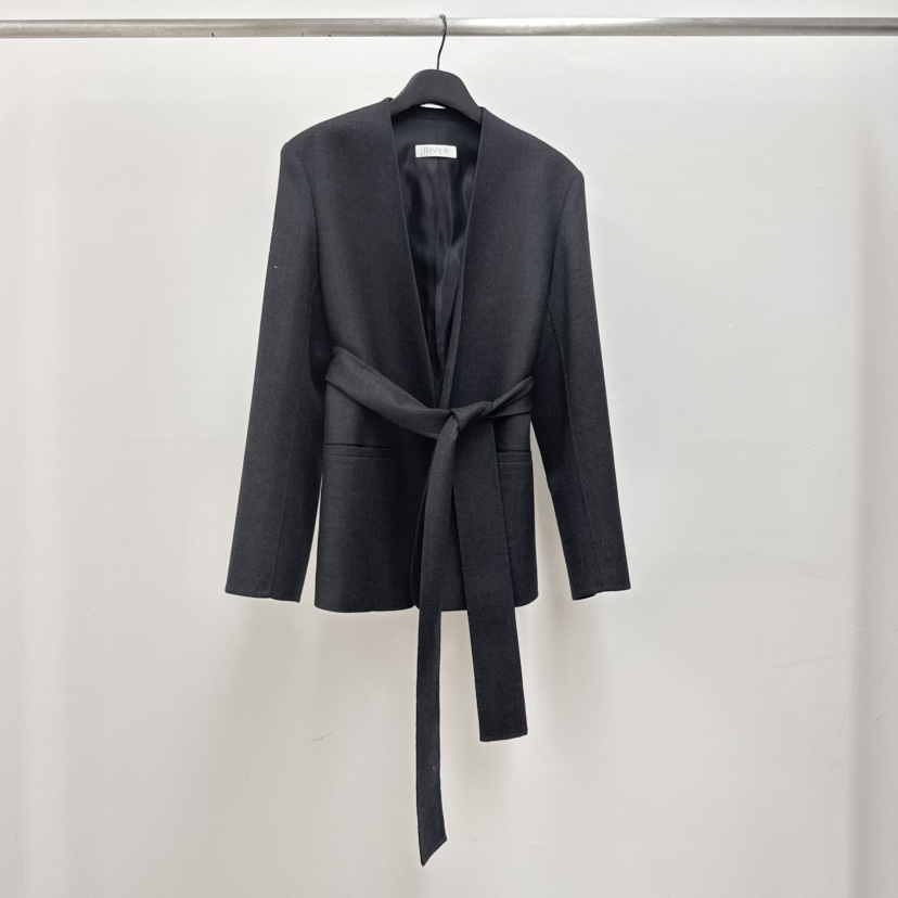 RIVER㊣東大門代購女裝新款時尚真品休閑熱賣夾克含腰帶春款WATER/RIVER夾克圖色2墨色